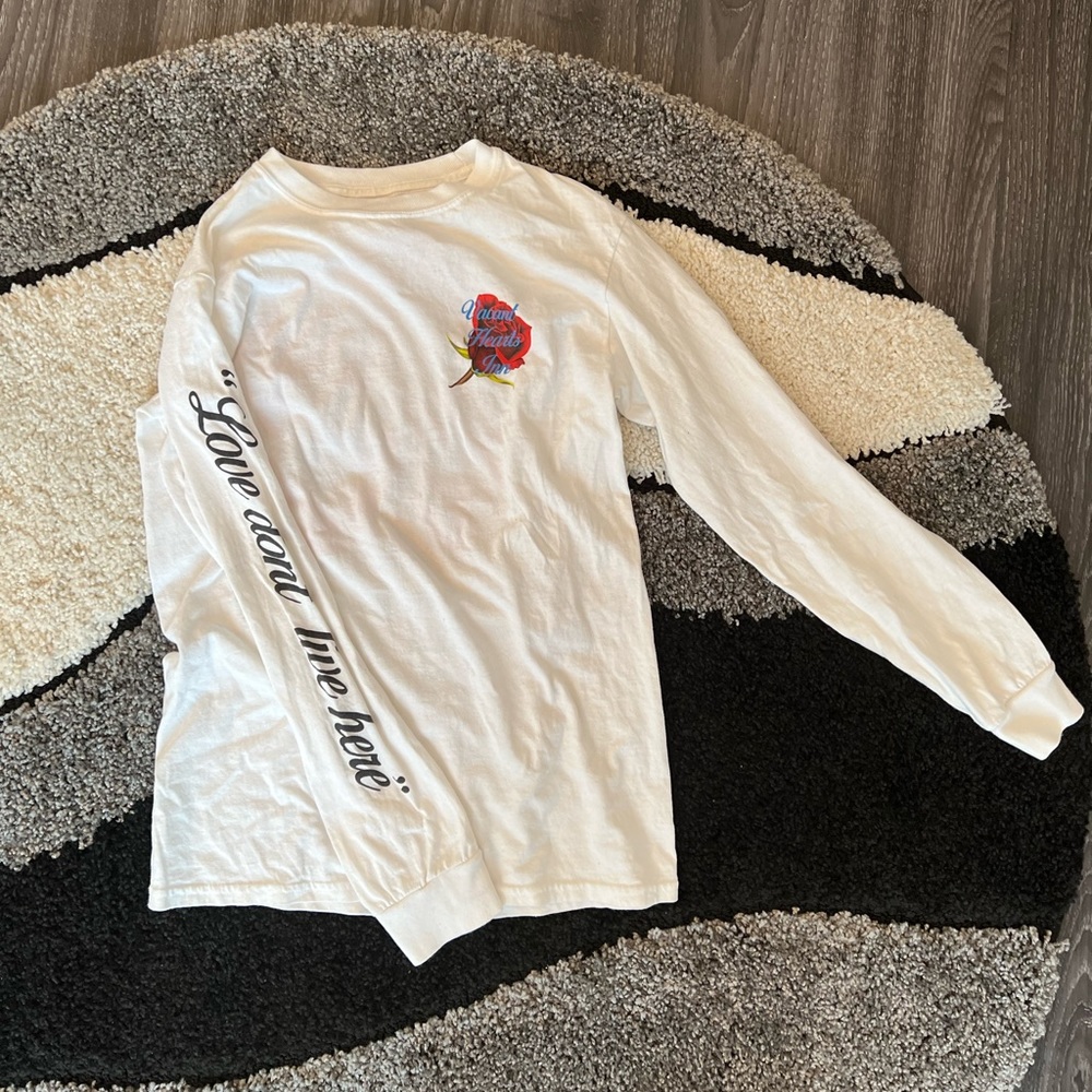 White long sleeve graphic tee , front, back, & sleeve